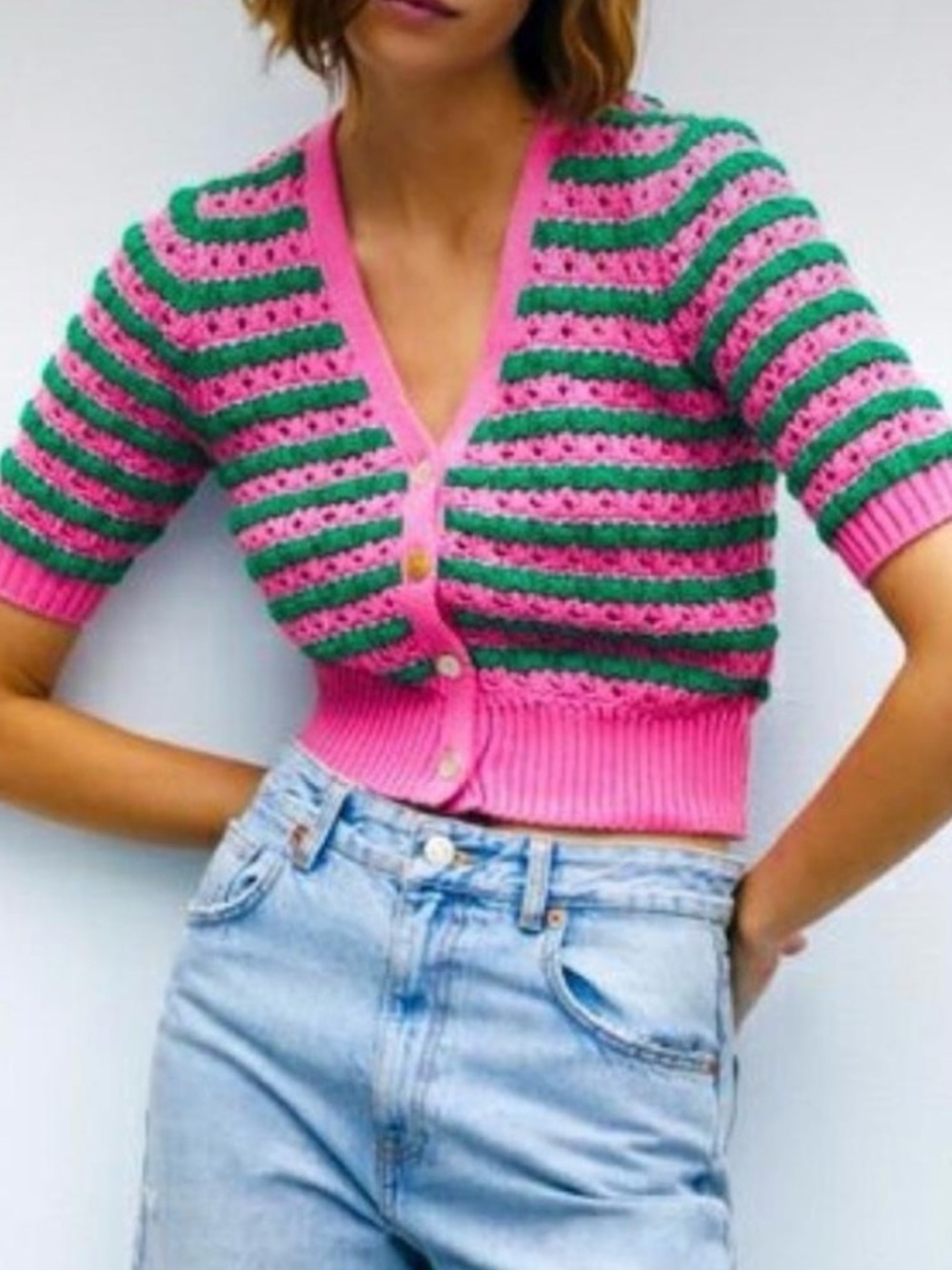 Zara Pink & Green Striped Cropped Cardigan